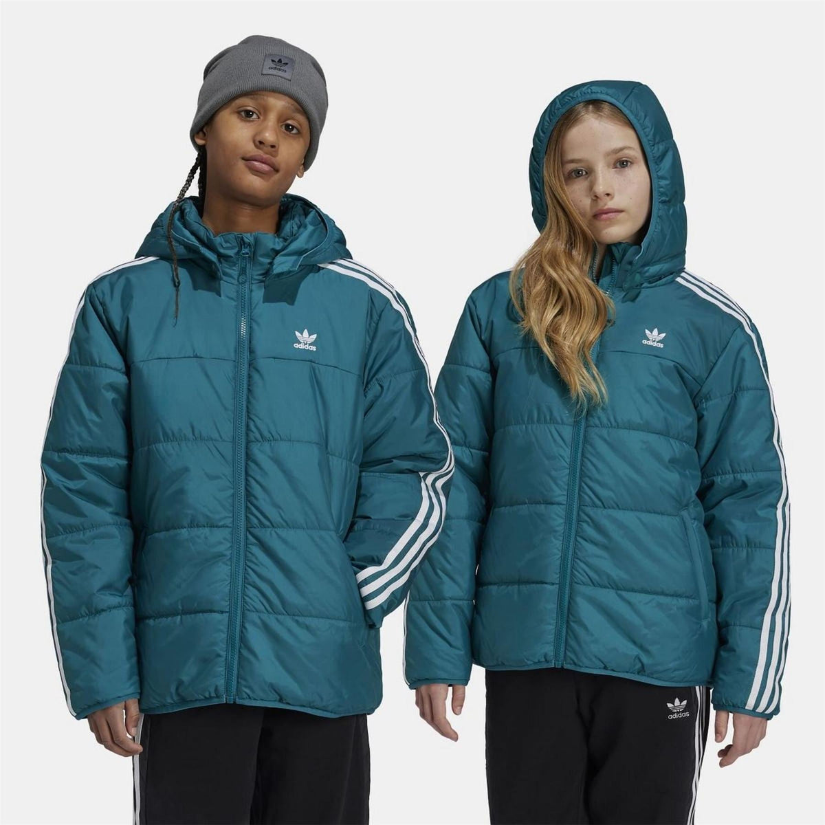 Teal junior padded hooded jacket front view for two kids, adidas logo and white stripes
