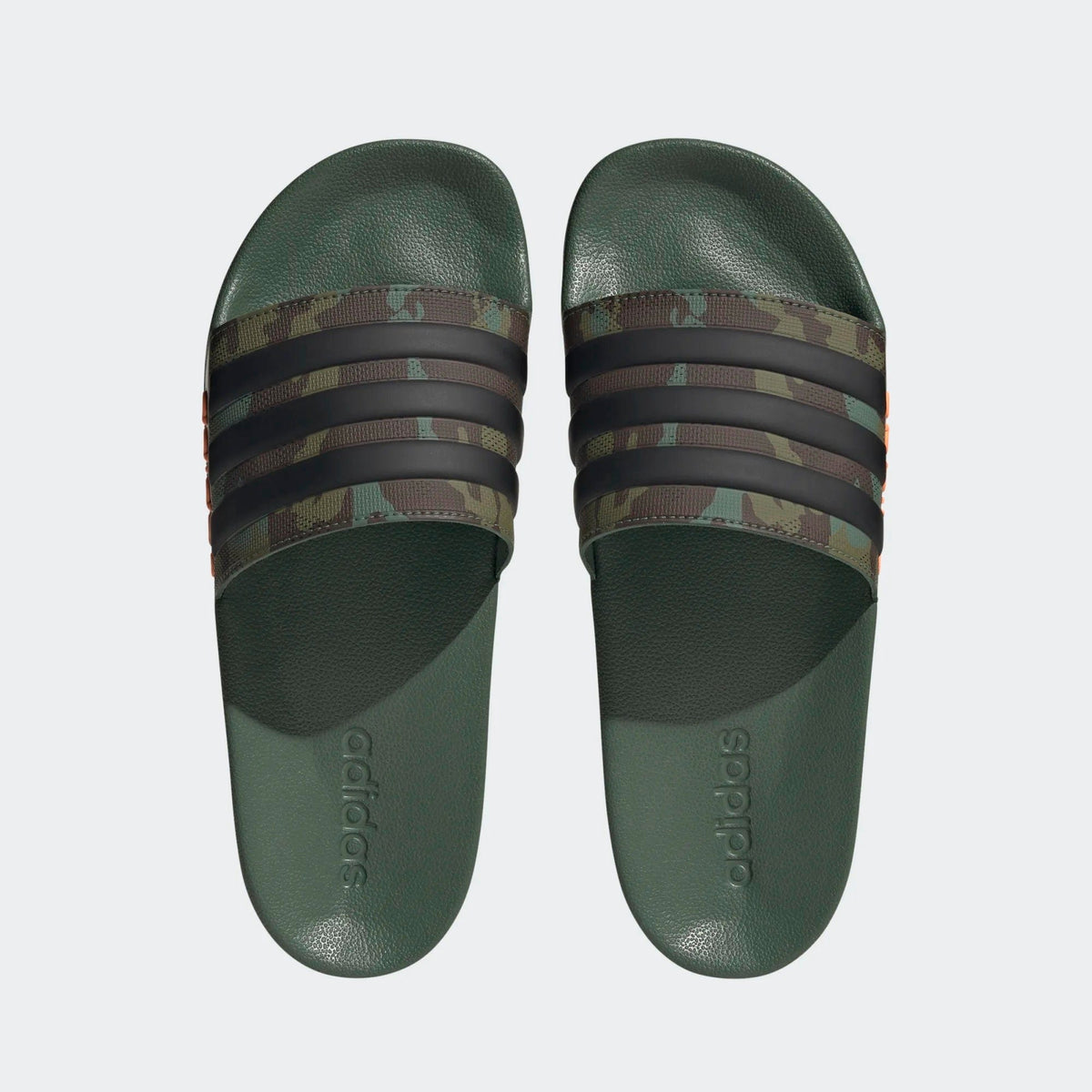 Adilette shower slides, green pair with camo strap and brown three-stripe bands