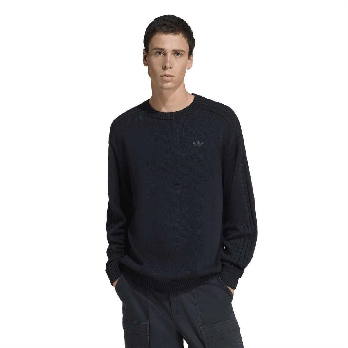 Black relaxed crew neck sweater with raglan sleeves, adidas trefoil logo, ribbed cuffs