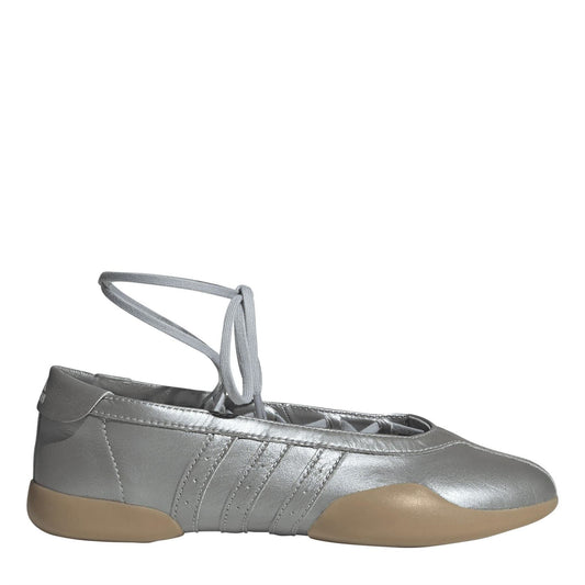 Silver metallic lace-up taekwondo shoes with adidas stripes and gum rubber sole