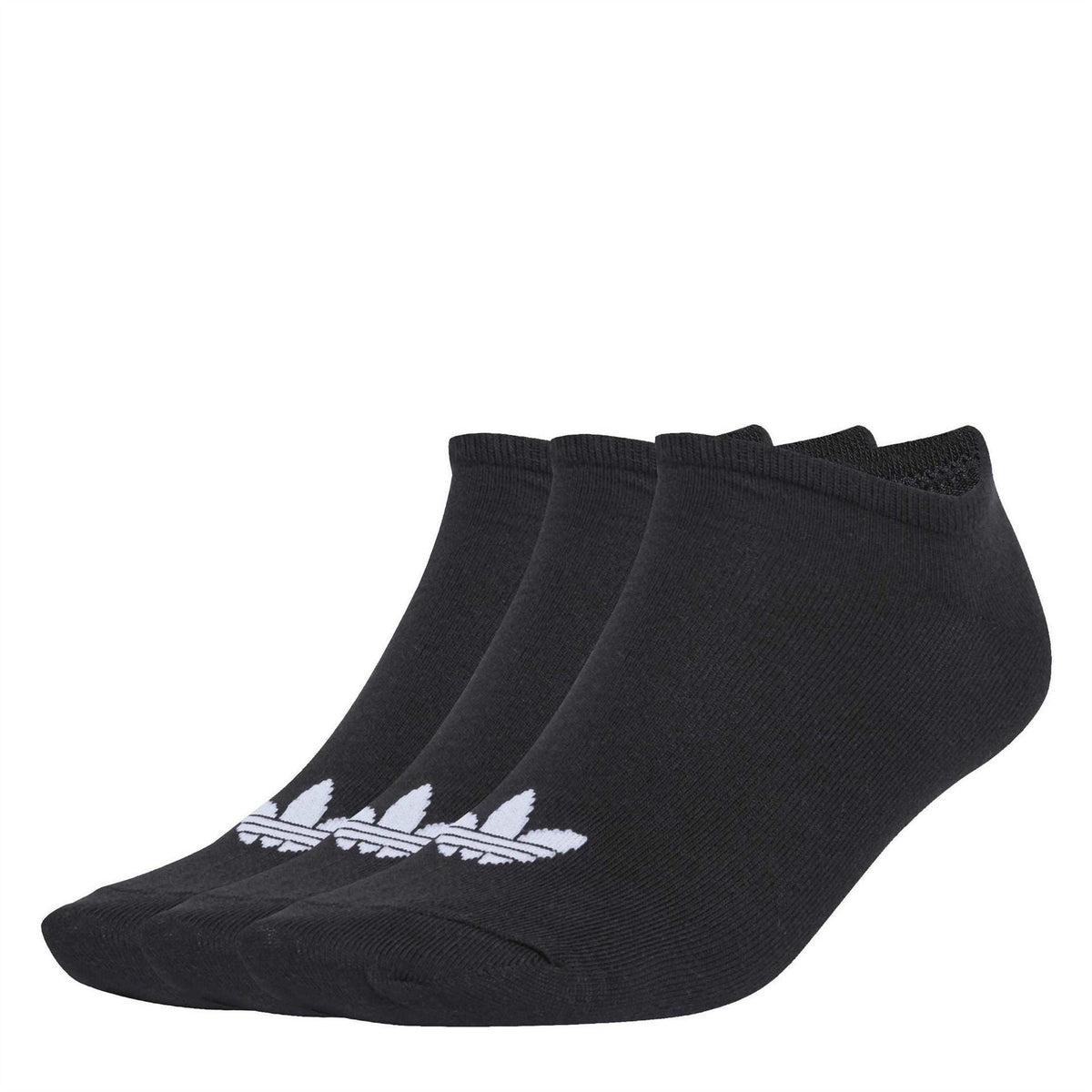 Three-pack black adidas Originals liner ankle socks with white adidas trefoil on side