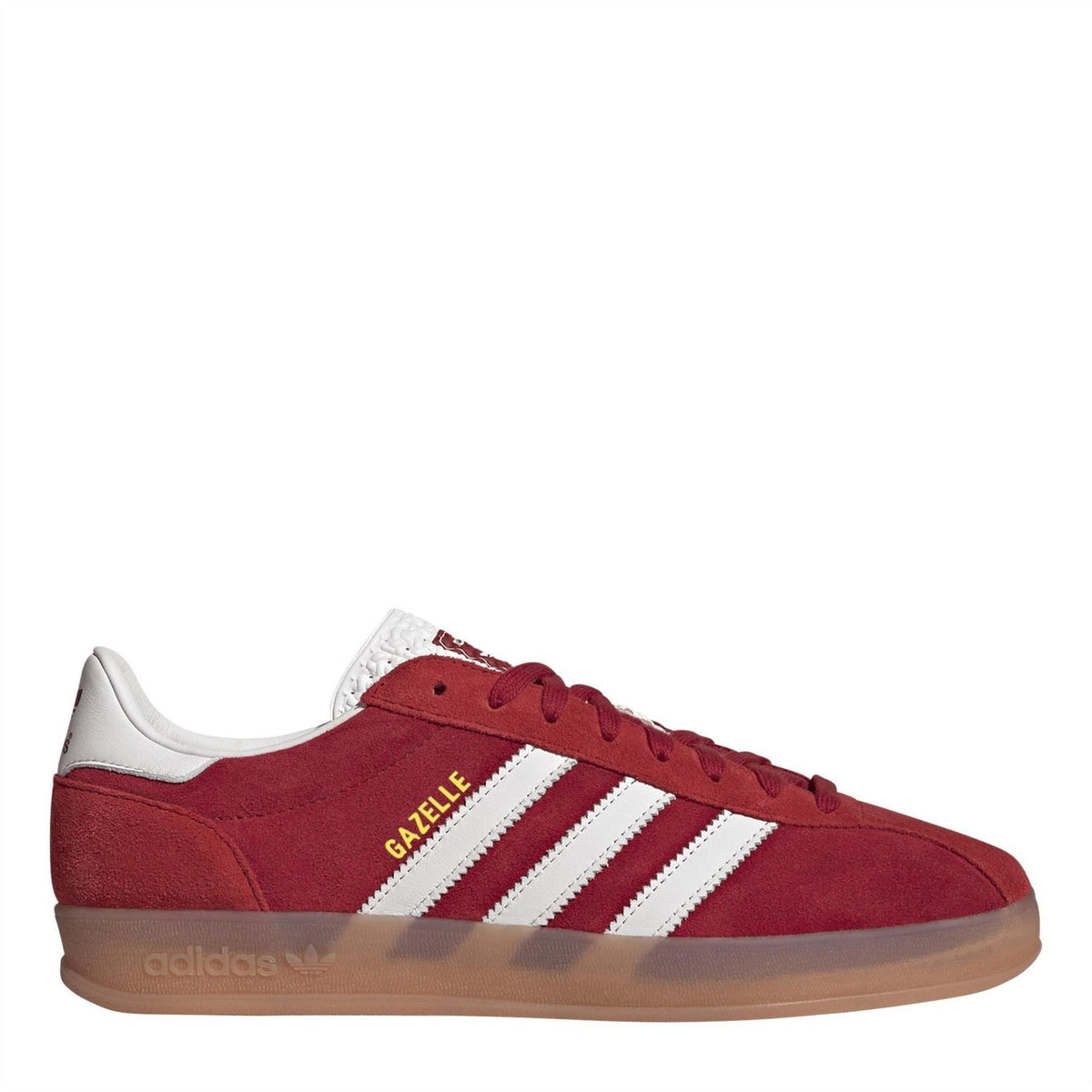 adidas Originals suede sneaker in Team Vic Red, white stripes, gum sole