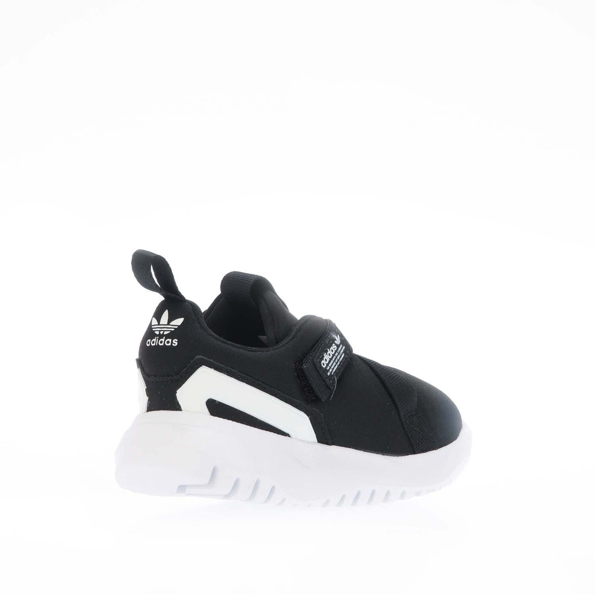 Black adidas Originals infant trainers with white side panel and Velcro strap