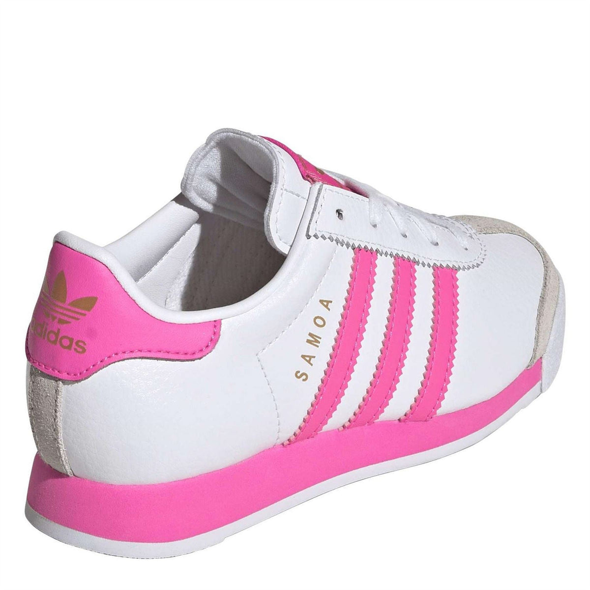 Kids' low-top sneakers, white back with pink heel tab and rubber sole