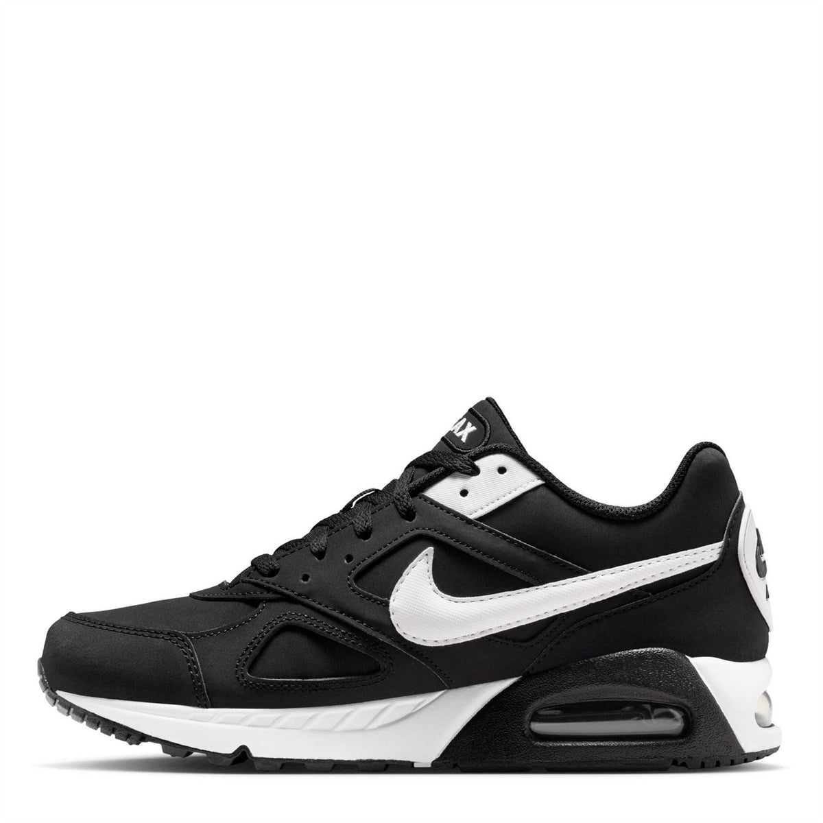 Black and white Nike Air Max Ivo running shoes, side view with cushioned sole