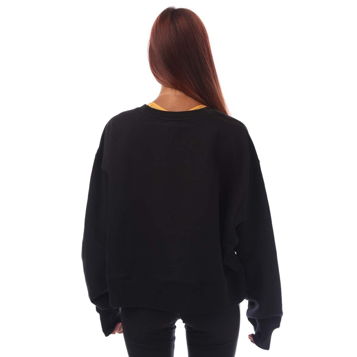 Black crew sweatshirt back view with ribbed hem and long sleeves
