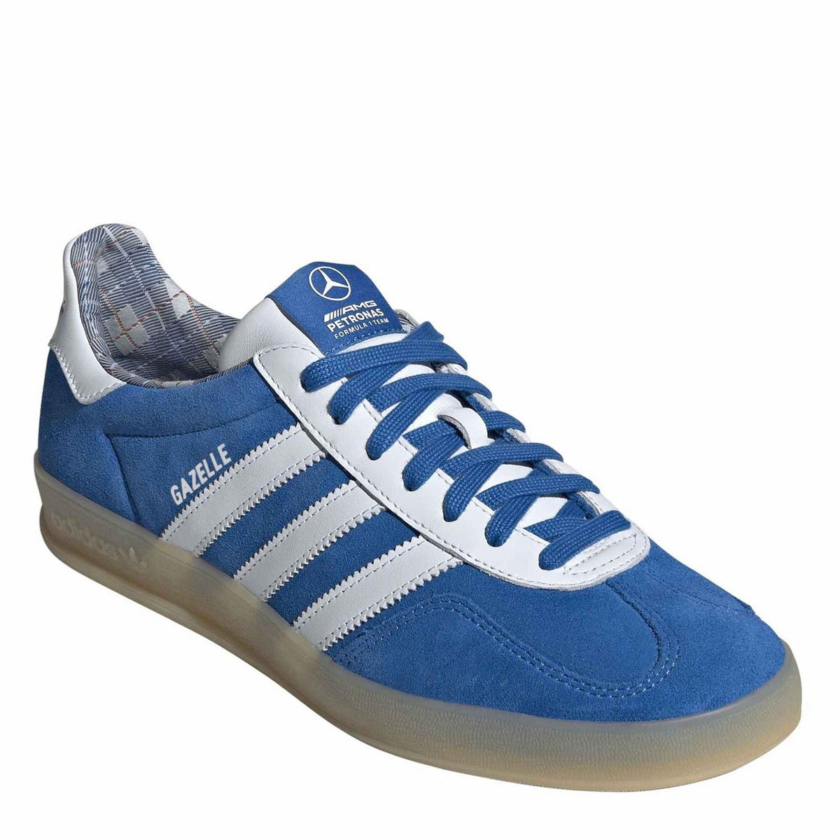 adidas Originals Gazelle low-top canvas sneakers, blue and white, lace-up with tongue patch.