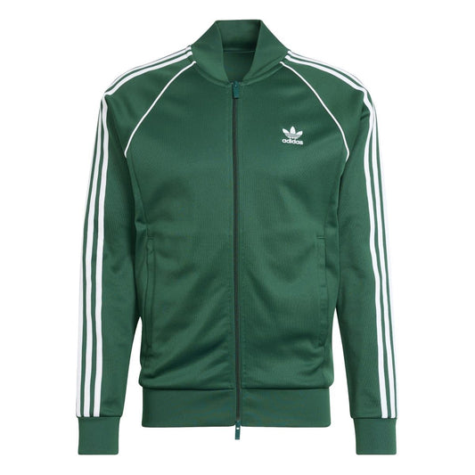 Green adidas track jacket with full-length zip, ribbed cuffs, and three white sleeve stripes