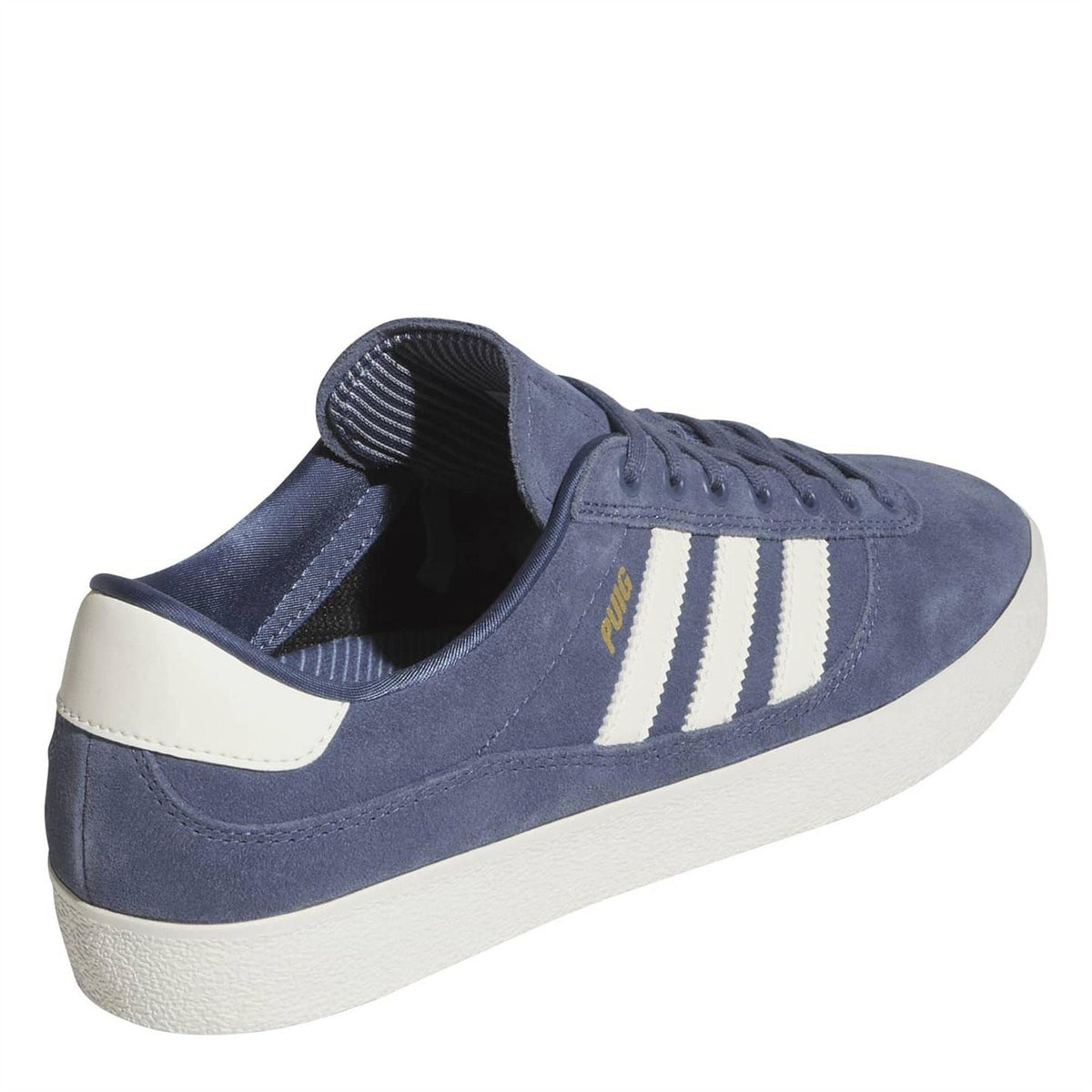 Navy suede indoor trainers with white heel panel and visible cushioned collar