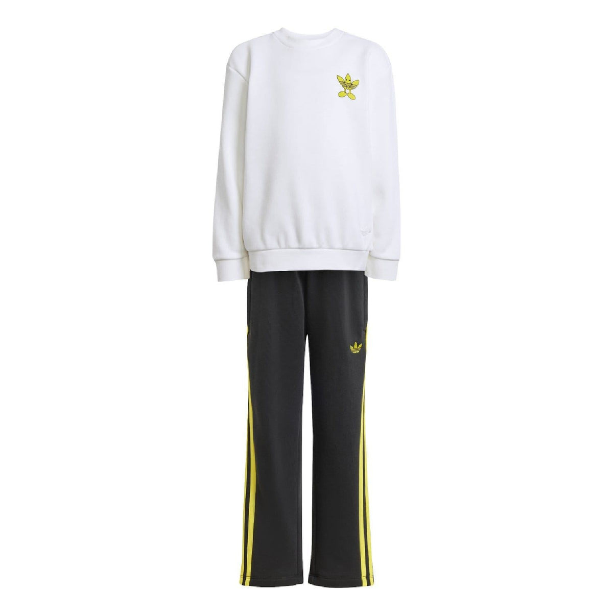 Kids white crew sweatshirt and black joggers with yellow stripes and small yellow trefoil logo.