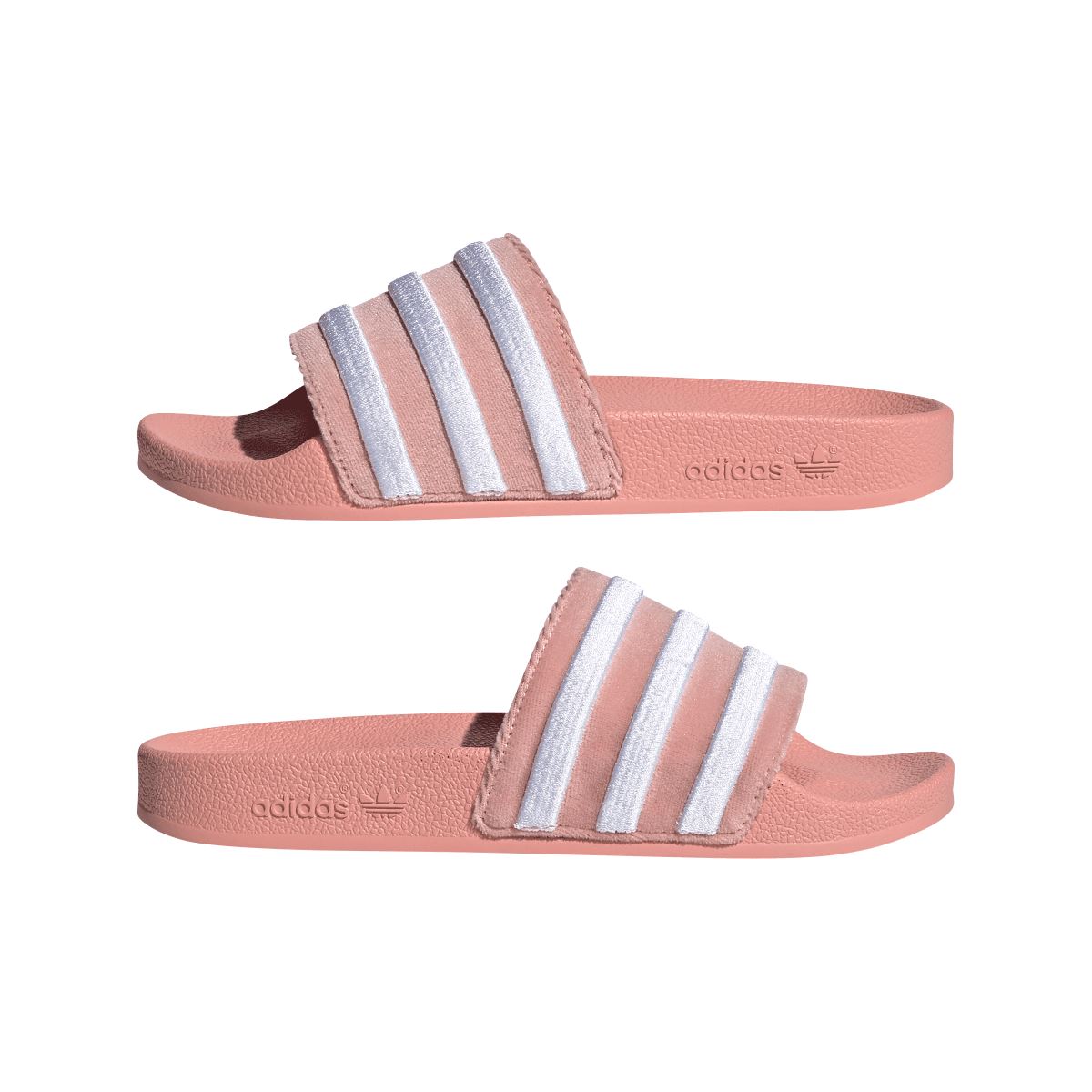 Pair of adidas Originals Adilette slide sandals in mauve with white three-stripe bands
