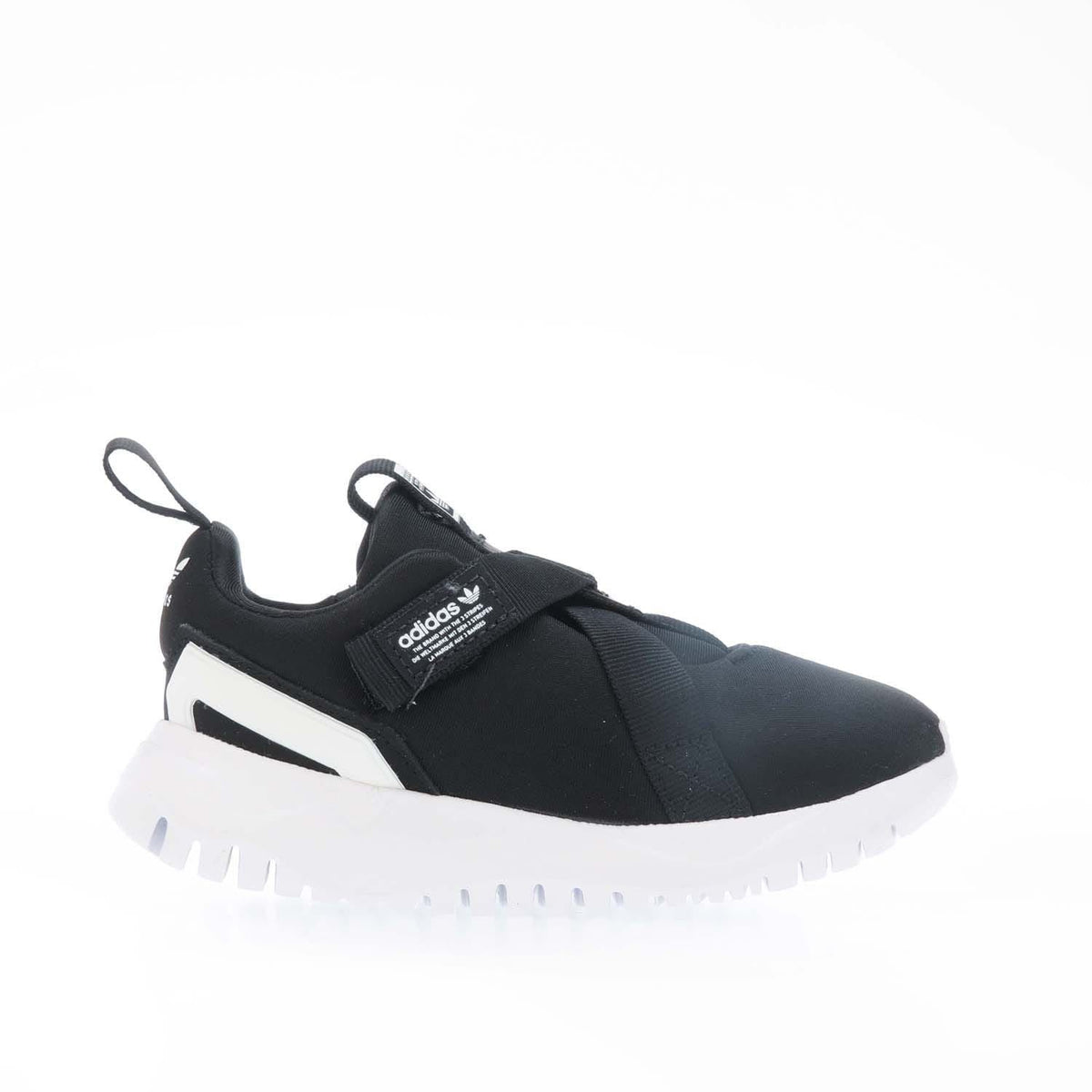 Black adidas Originals infant trainers with white sole and side stripes