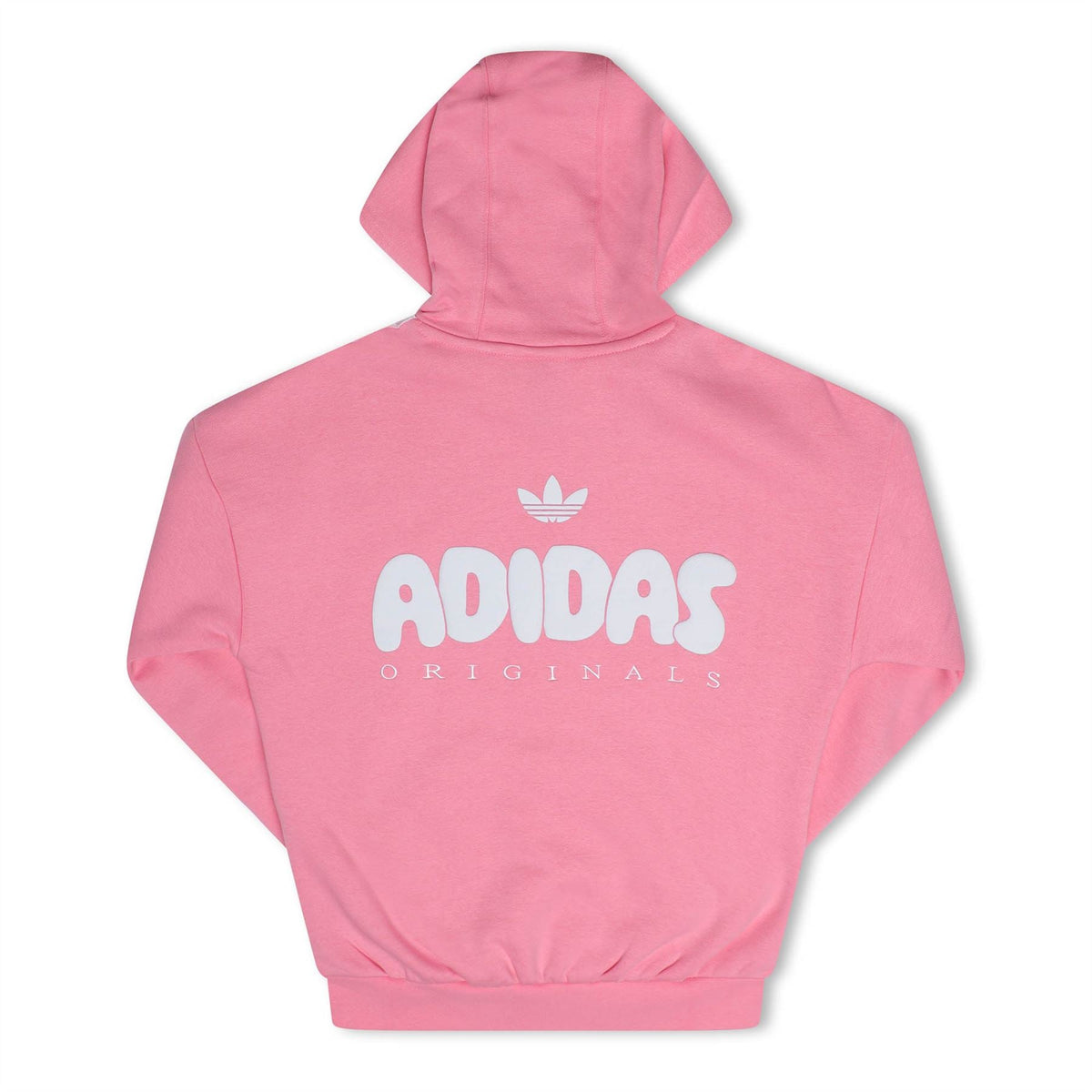 Kids pink adidas Originals hoodie with Trefoil logo and large Originals text on the back