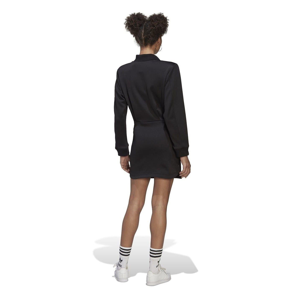 Black long-sleeve mini dress, back view with crossover collar and smooth seam.