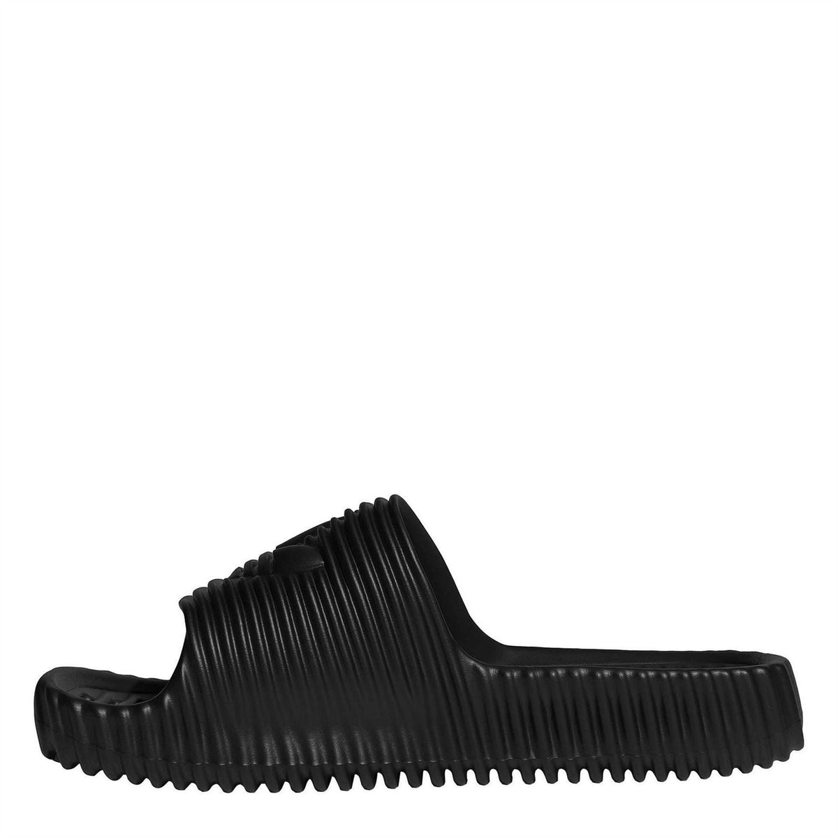 Core Black slide sandals with wide ribbed strap and textured footbed
