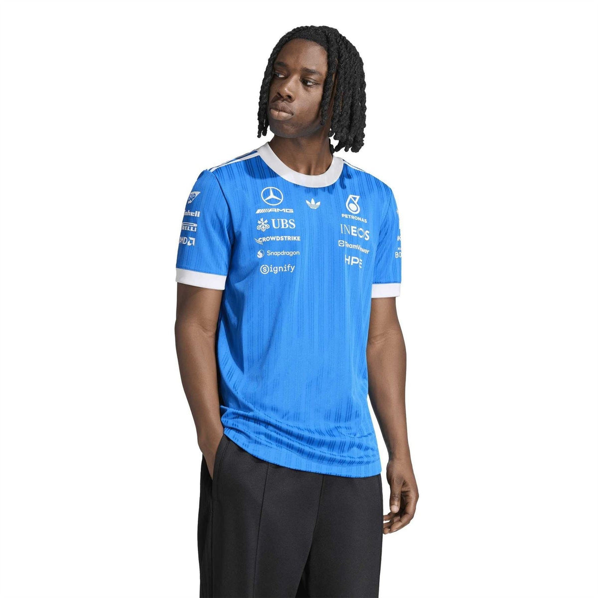 adidas Originals Mercedes Petronas graphic jersey T-shirt, blue with white trim, front logos