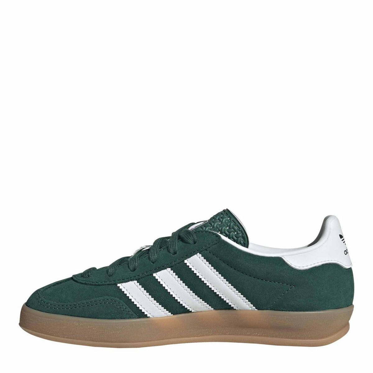 Adidas Originals indoor shoes, dark green suede upper with white stripes and lace-up design