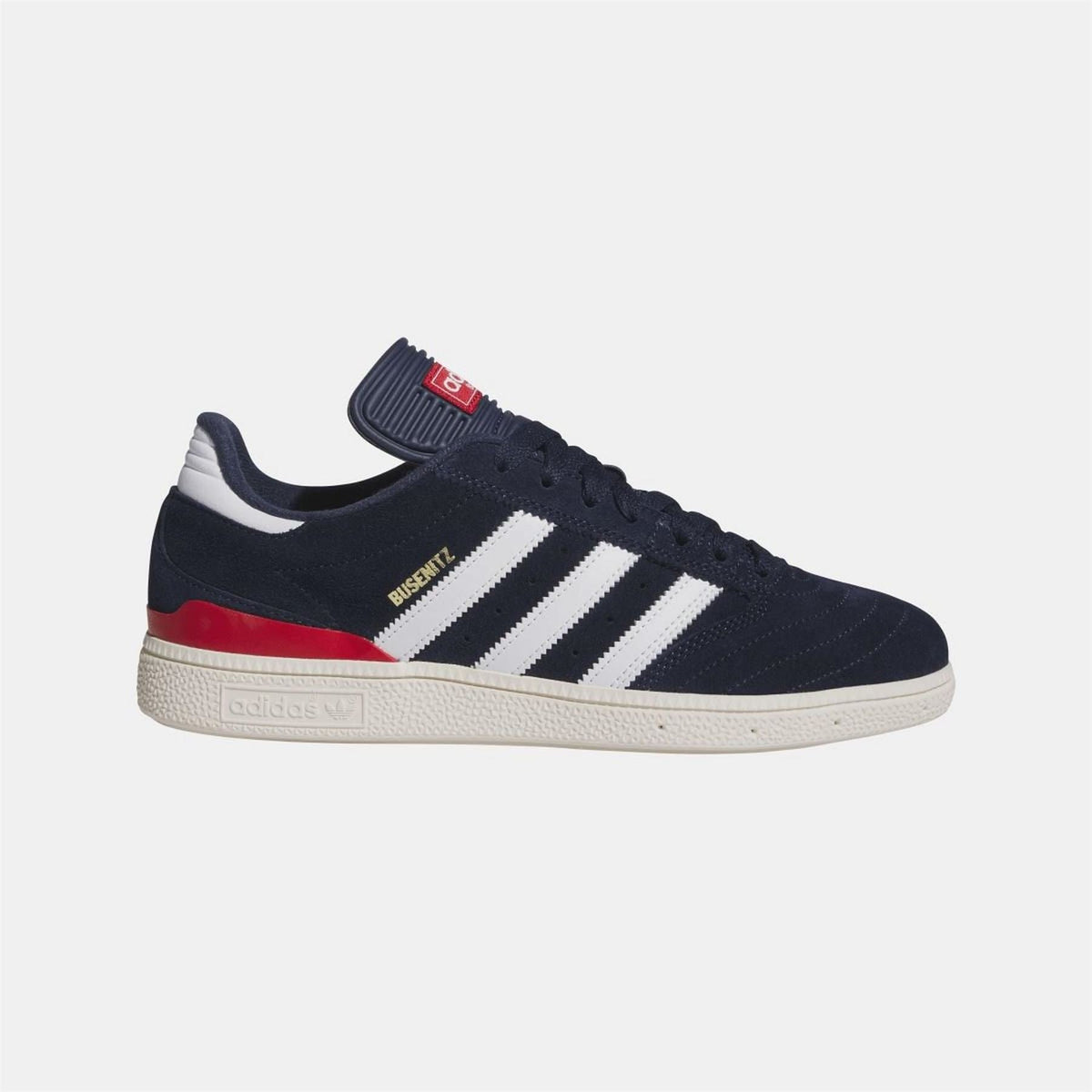 Navy adidas Originals low-top sneaker with white stripes, red side accent, and white sole