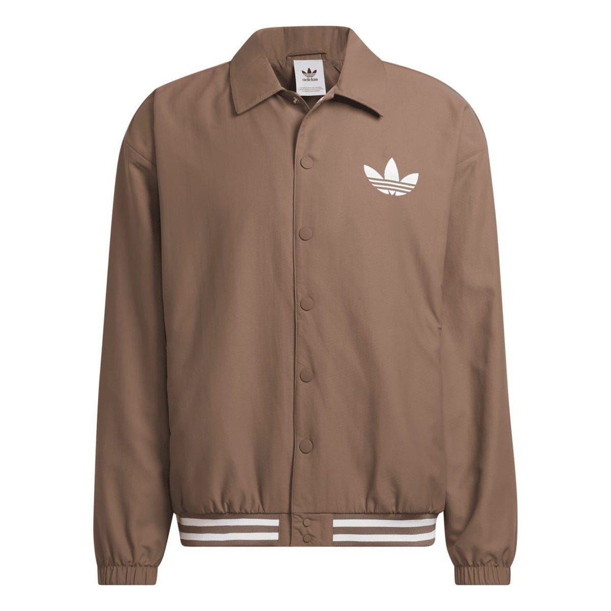 Brown coach overshirt with stand collar, button placket, and adidas trefoil logo