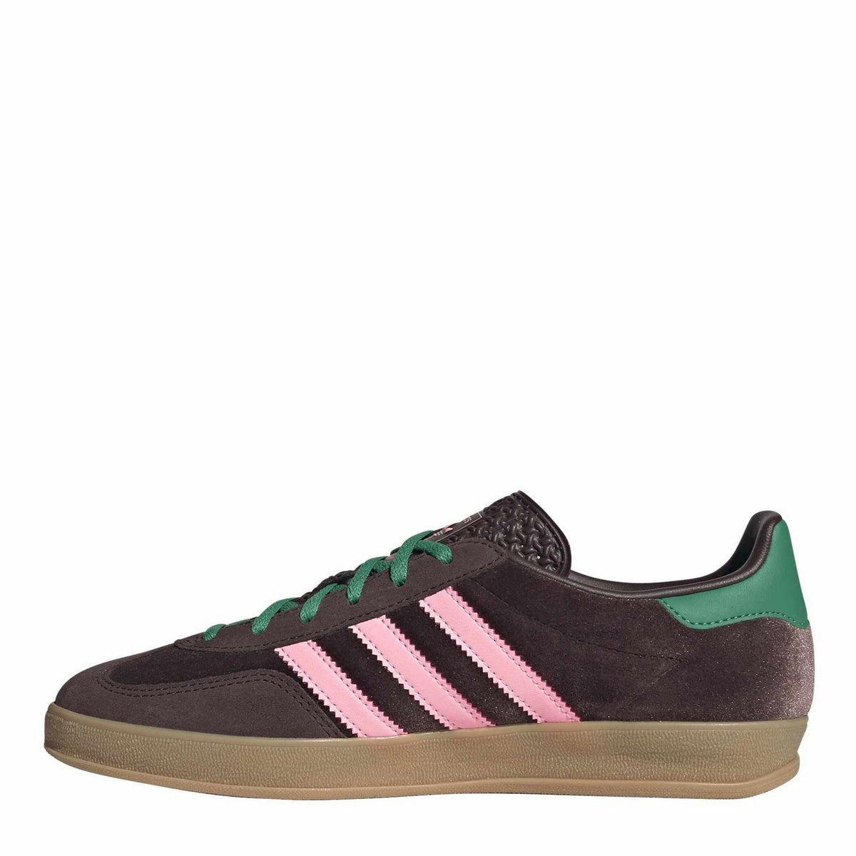 Dark brown indoor trainers with pink triple stripes, green laces, and gum sole
