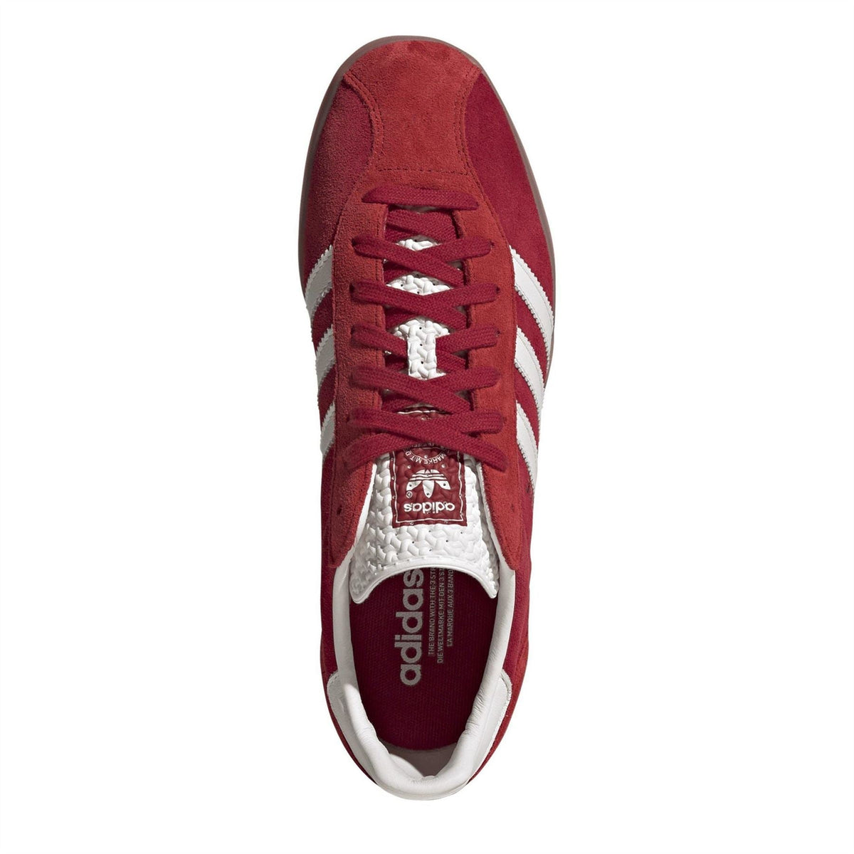 adidas Originals sneaker top view, Team Vic Red suede with white laces and adidas logo