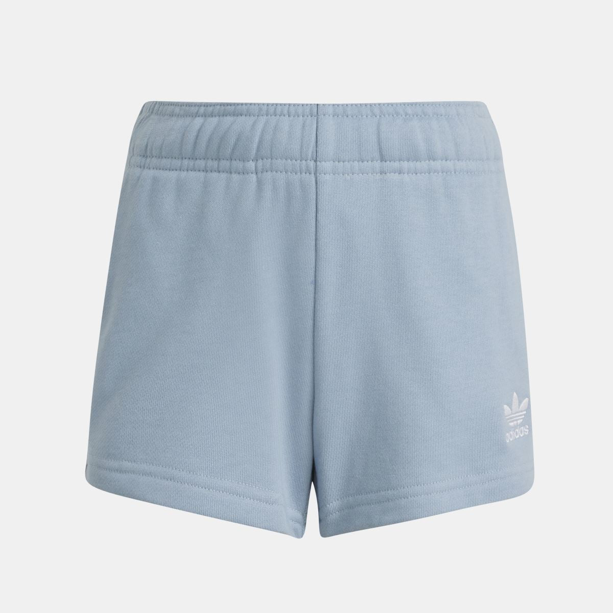 Light blue adidas kids shorts with elastic waistband and small side logo.