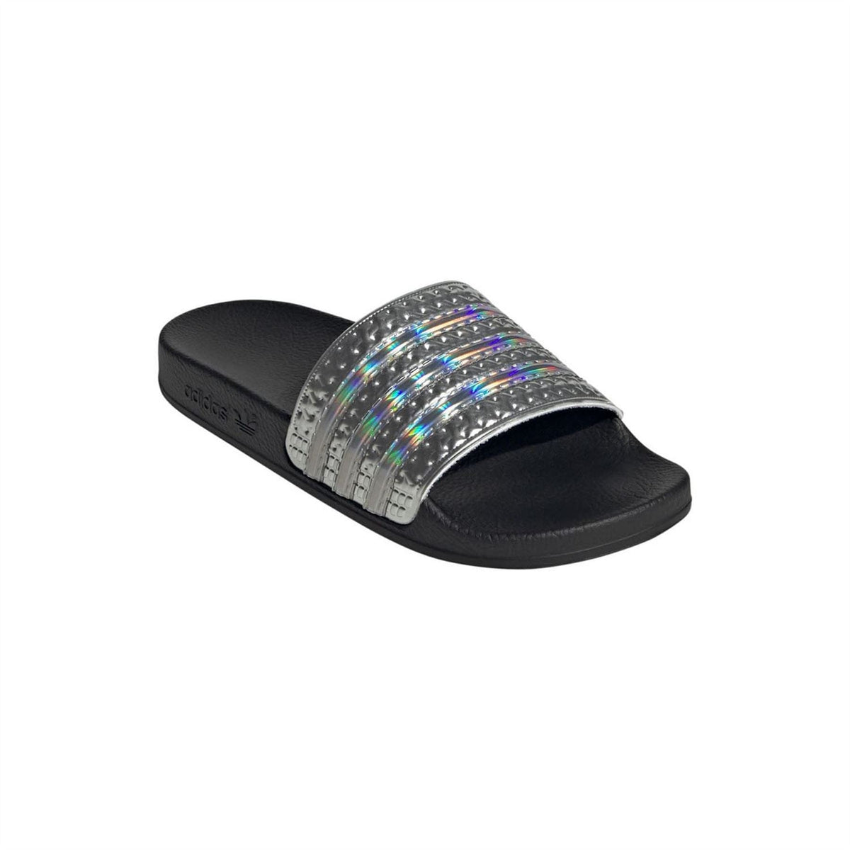 Junior black slide sandals with textured silver iridescent strap