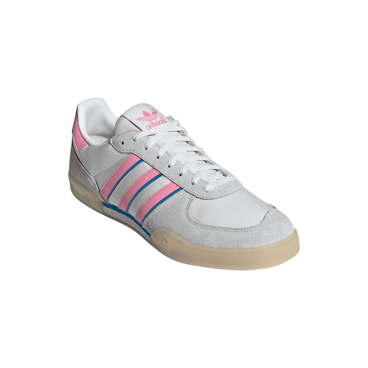 adidas Originals indoor sneaker side view in light grey with pink/blue stripes and gum sole