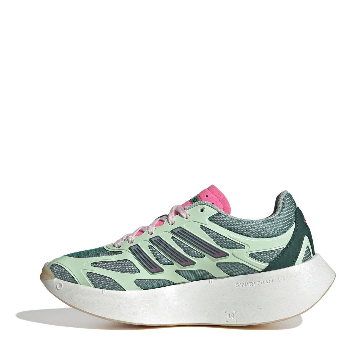 Green and pink low-top sneakers, side view with patterned stripes and white sole