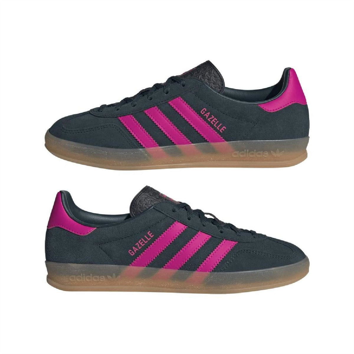 adidas Gazelle indoor trainers pair view, dark teal uppers with magenta stripes