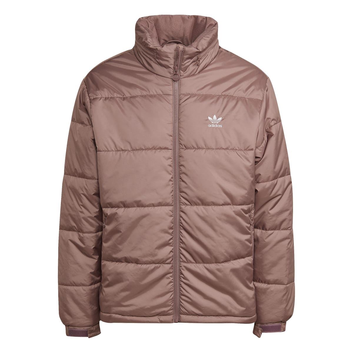 Burgundy padded puffer jacket with hood, full-zip front, and Adidas logo