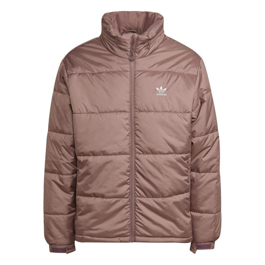 Burgundy padded puffer jacket with hood, full-zip front, and Adidas logo