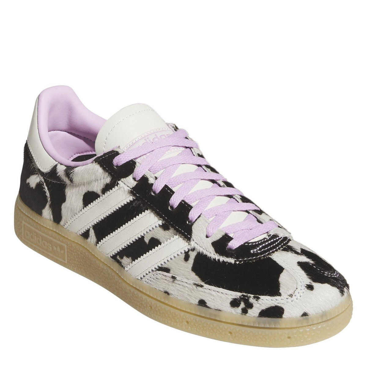 Handball Spezial sneakers, angled side view, purple lace-up with cow-print upper