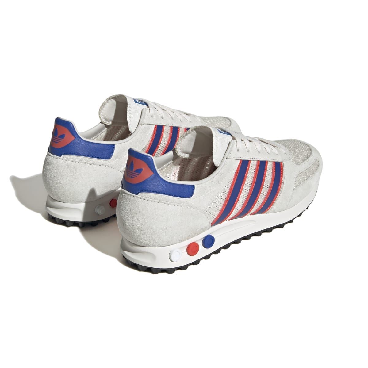 Men's adidas Originals LA trainer heel view with blue collar and red stripe detailing