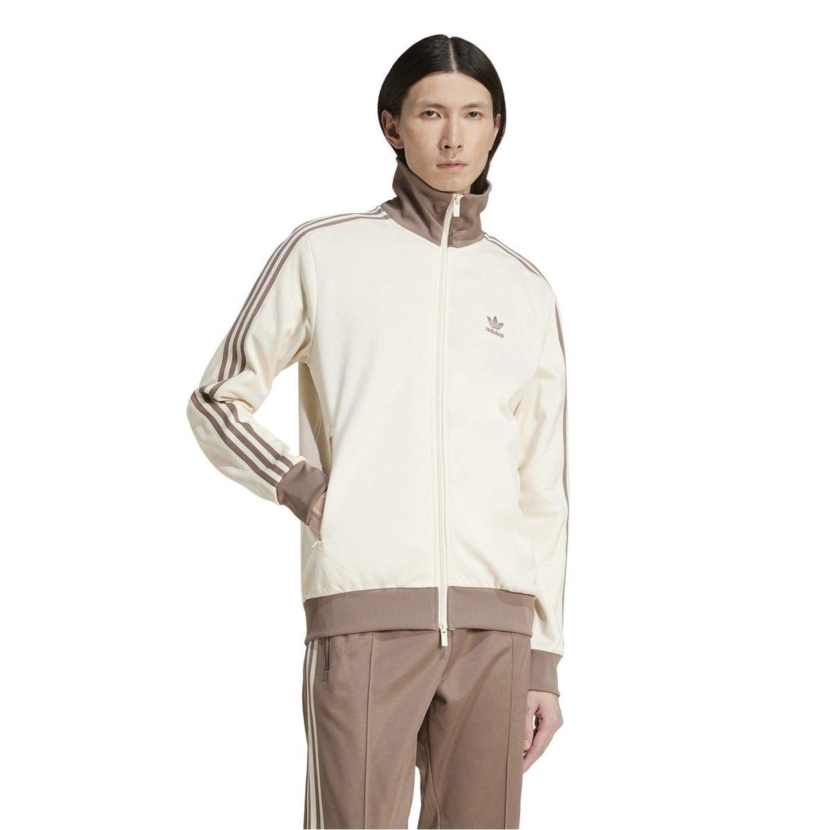 adidas Originals long sleeve athletic top with funnel neck, featuring jersey fabric and sporty design for tracksuits and active wear
