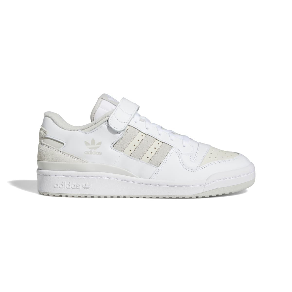 White and grey low-top trainers with Velcro strap and perforated 3-stripe detailing