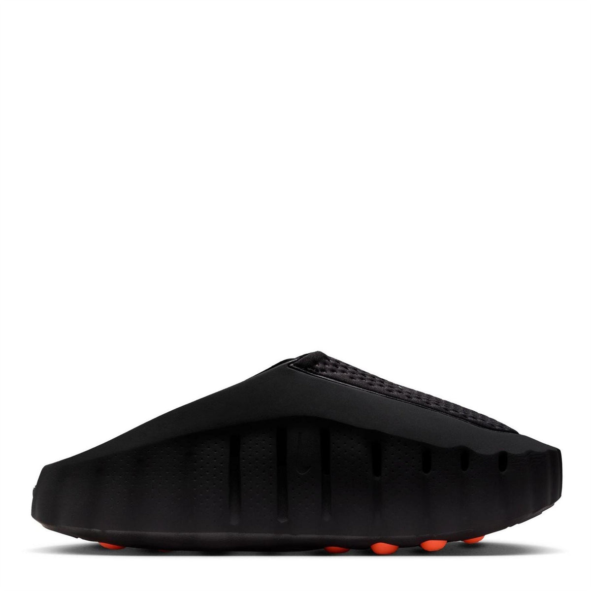 Nike Mind 001 sandals in dark black with textured upper and orange outsole pods