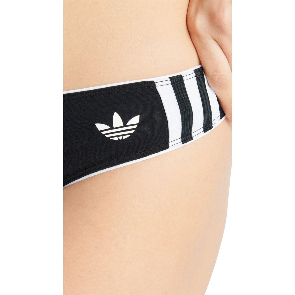 Black cotton thong with white striped waistband and white Adidas trefoil logo