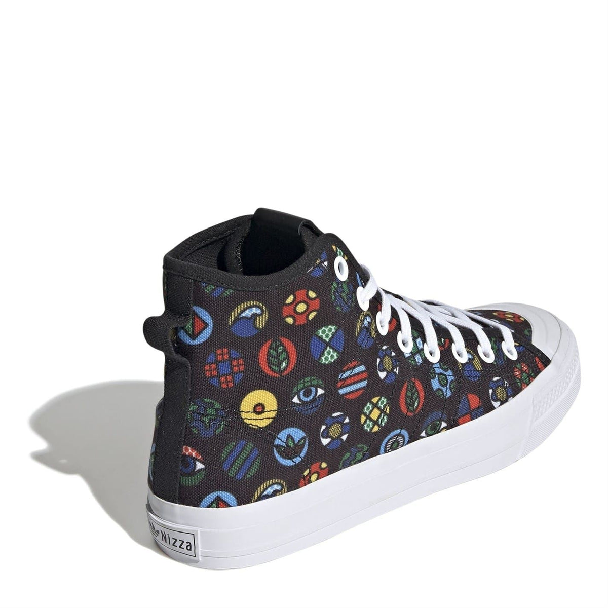 Heel side of black hi-top sneakers with colorful icons print and white cupsole.