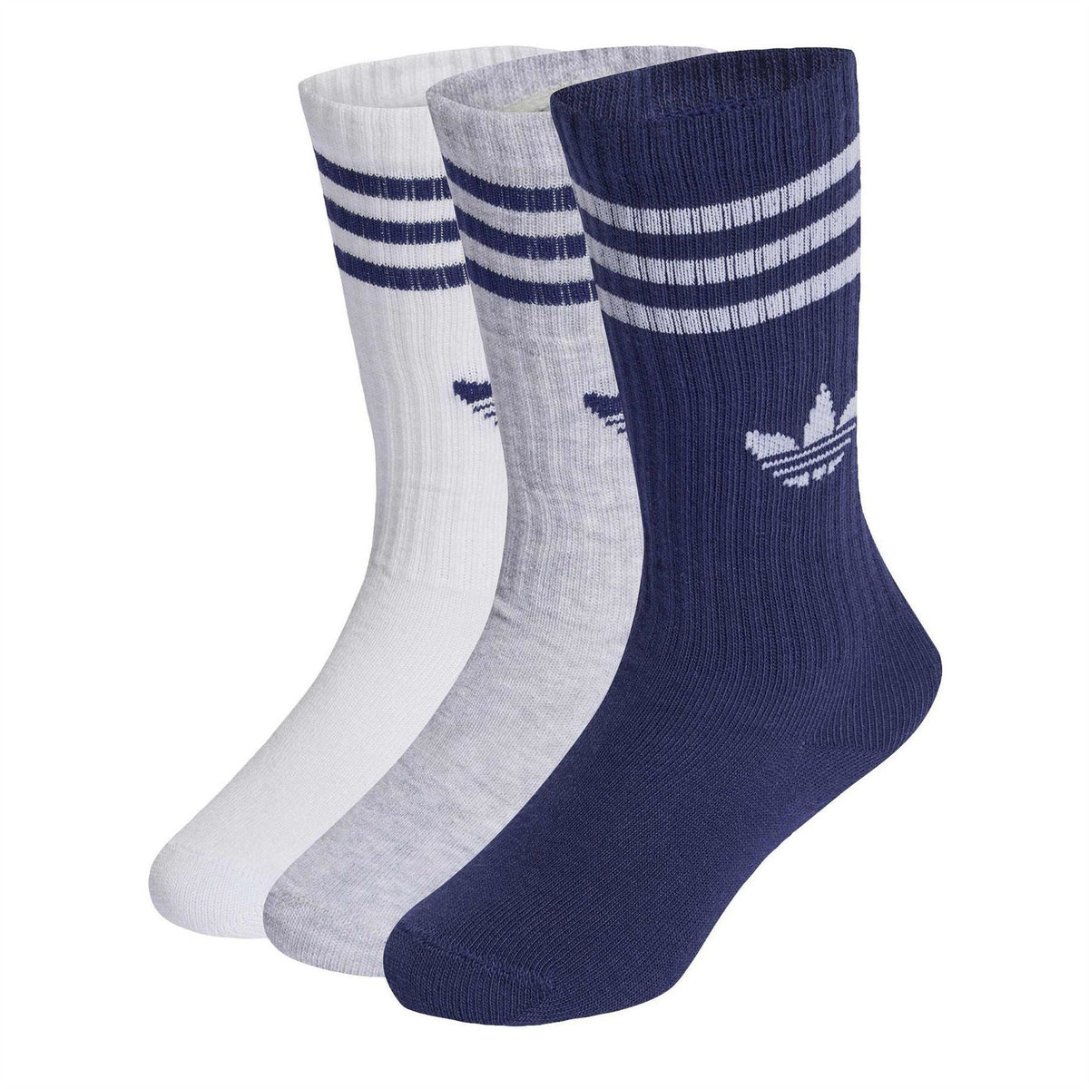 Pack of crew socks in white, light gray, and navy with adidas logo and stripes.