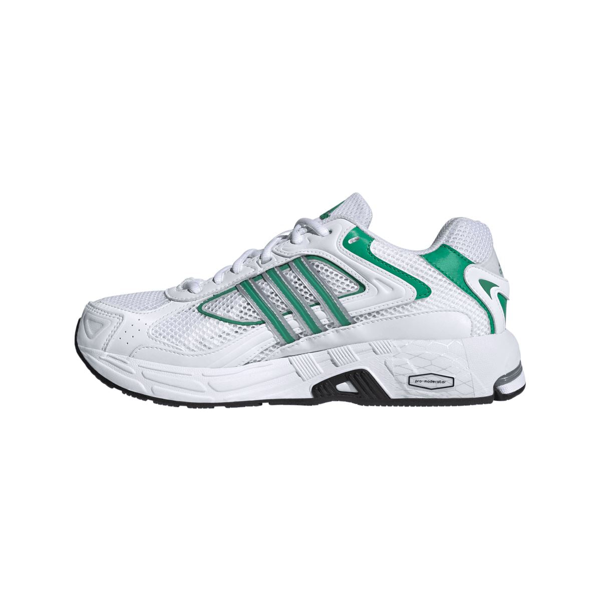 White lace-up trainer with green stripe panels and padded heel collar