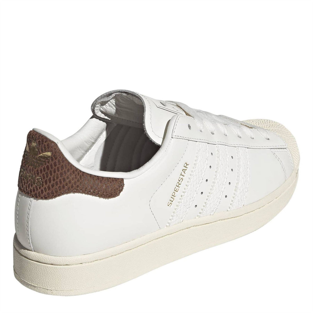 White adidas Superstar II sneaker with brown heel panel and cushioned collar lining.