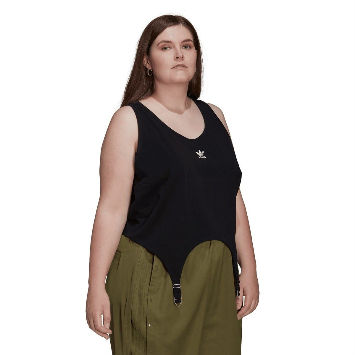 Black adidas Originals tank top with chest logo, scoop neckline, and side hem tabs