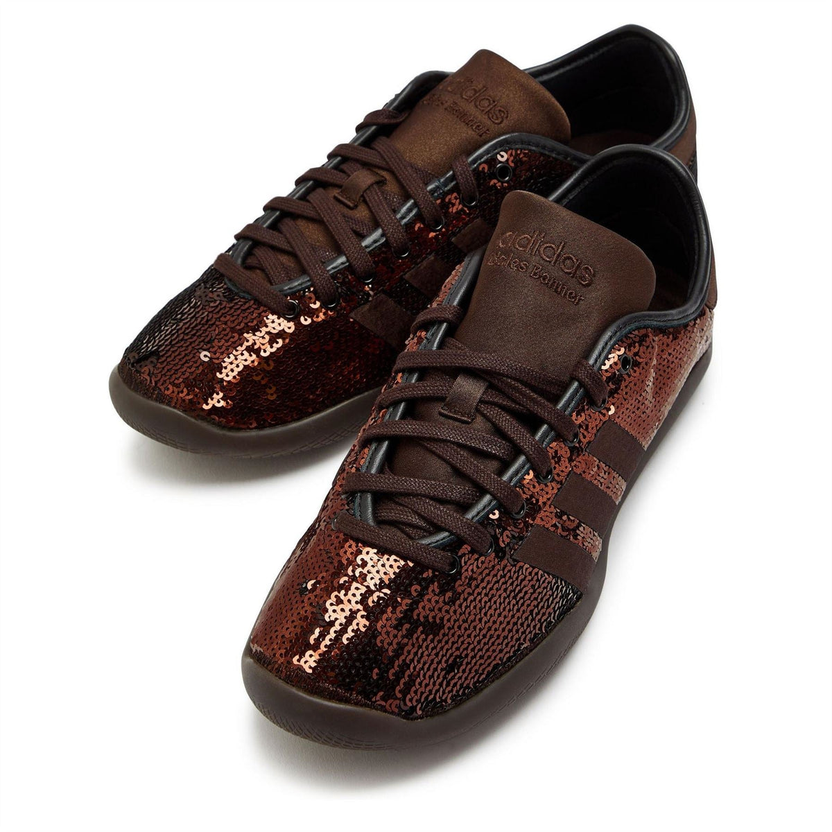 Pair of brown sequin lace-up sneakers with three striped design