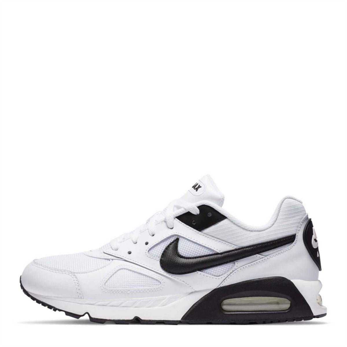 White Nike Air Max Ivo trainers with black swoosh and grey Air sole window, side view