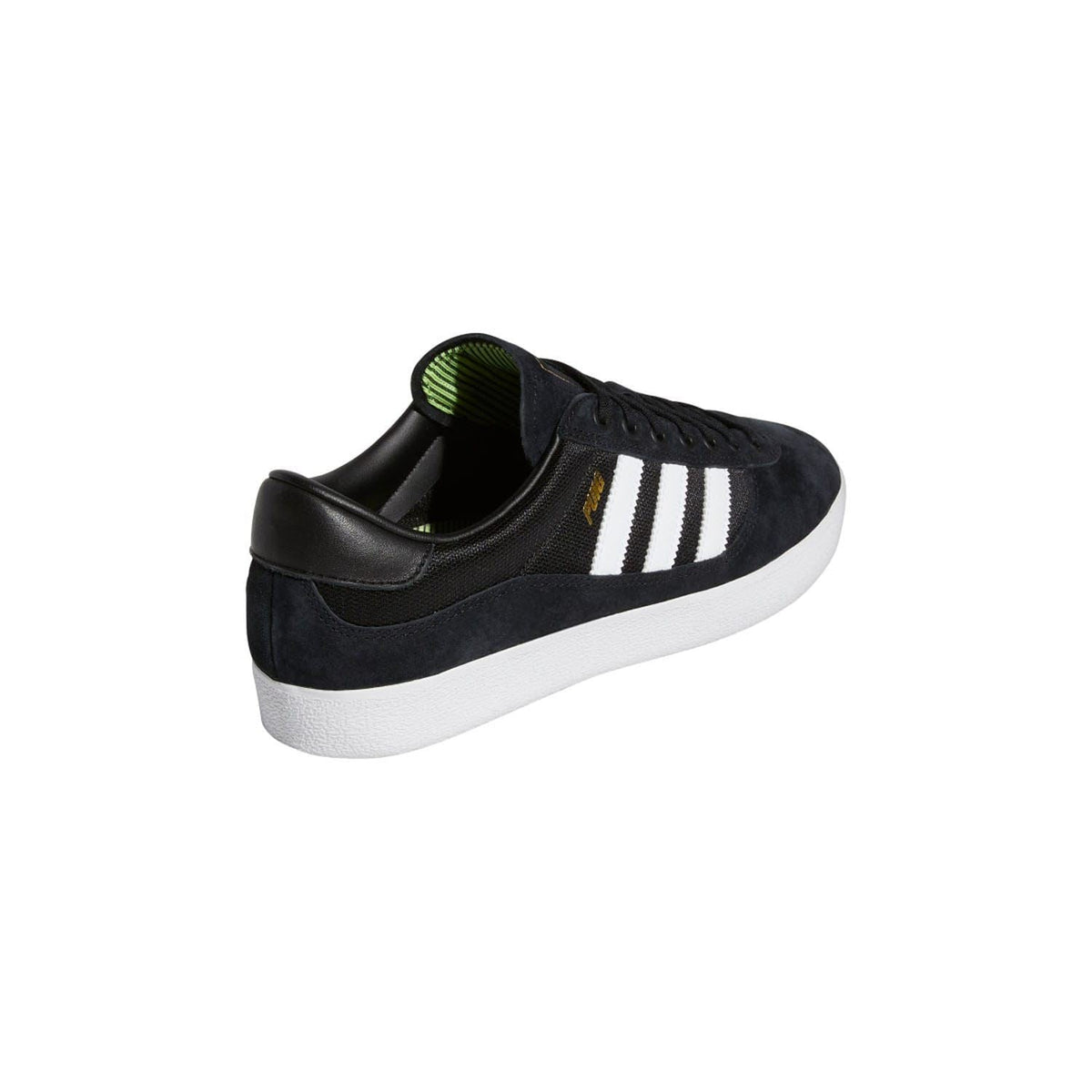 Black low-top indoor trainer, heel view with white stripes and thick white sole.