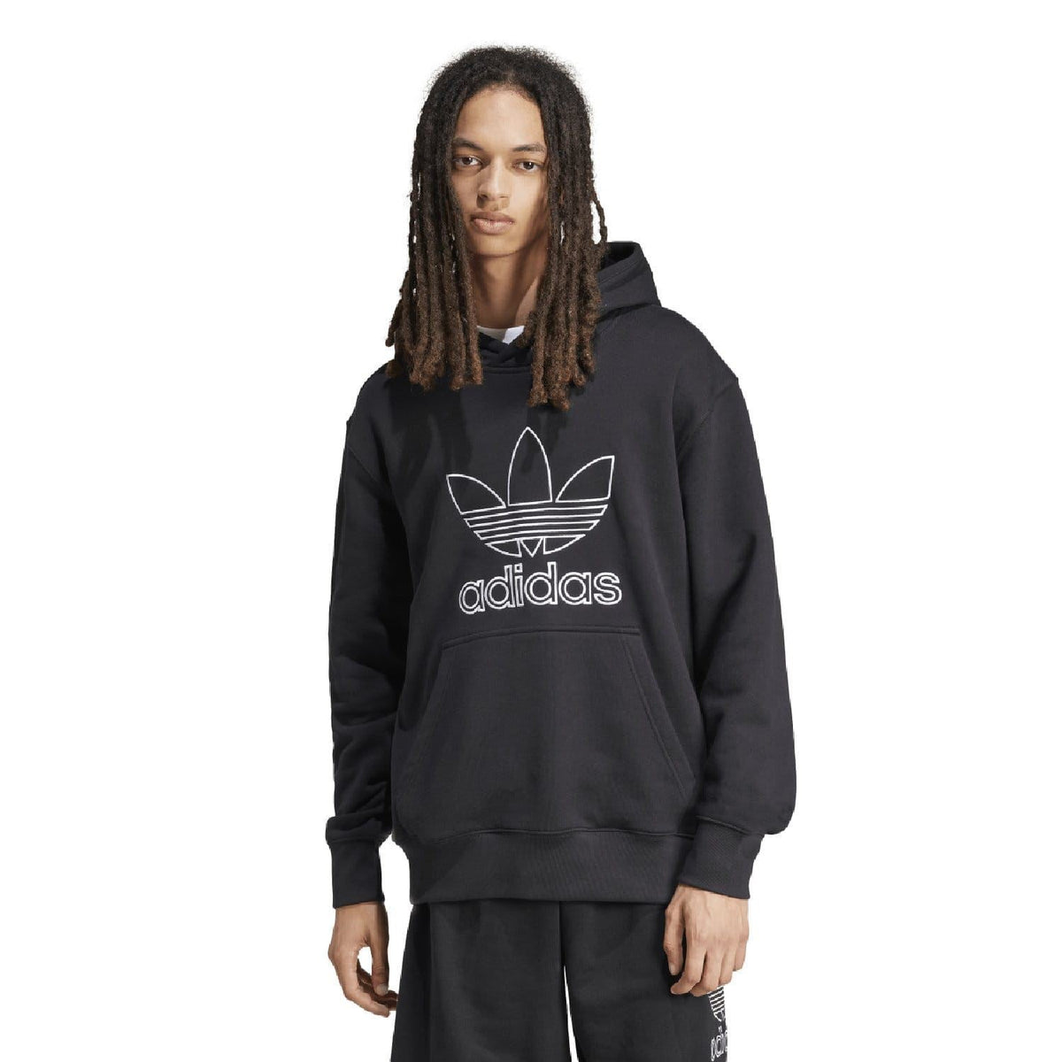 Black adidas Originals trefoil outline hoodie with front kangaroo pocket and drawstring hood