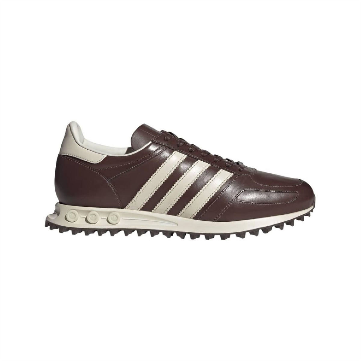 Dark brown leather-look sneaker with three white stripes, lace-up front and tread sole
