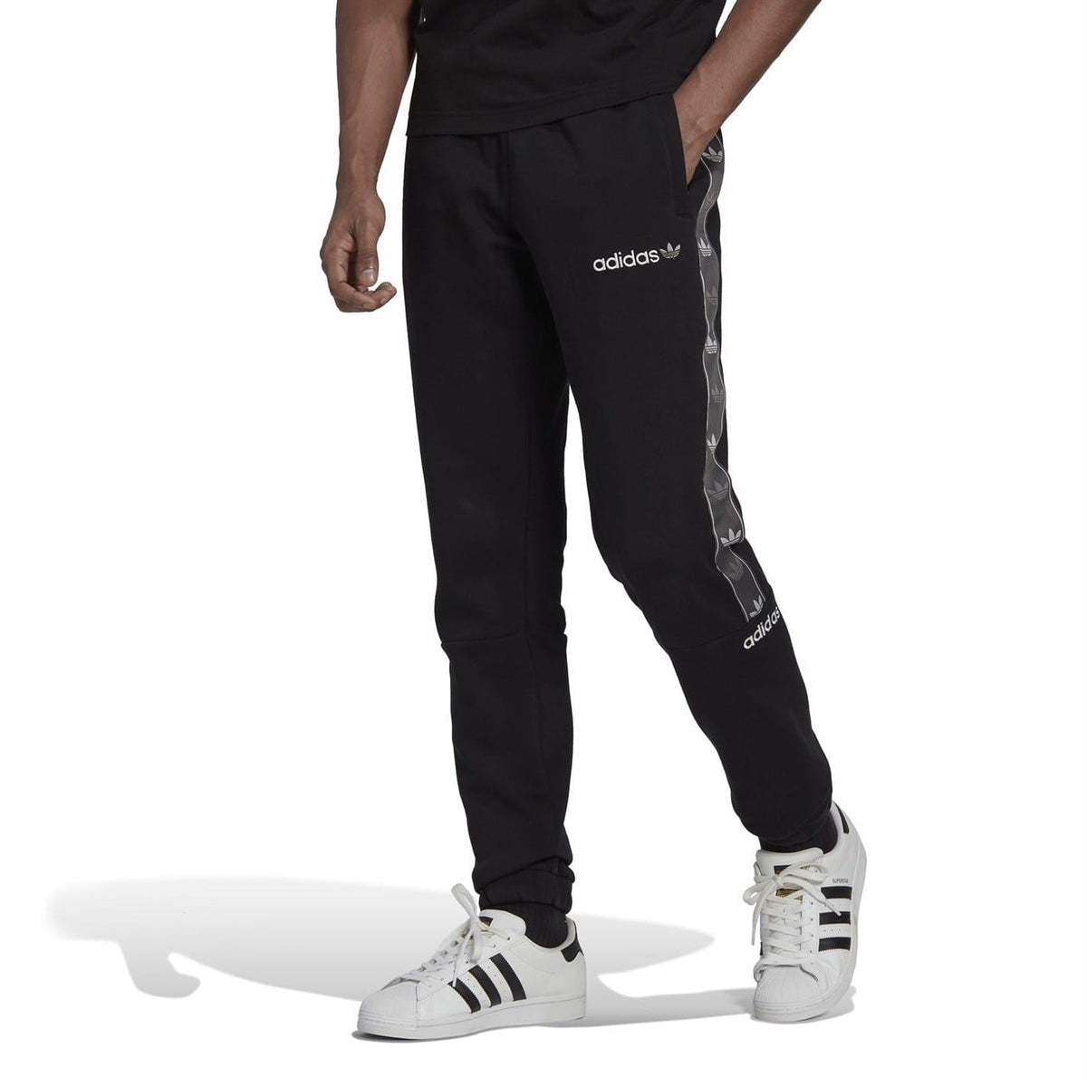 Men's black fleece joggers with side tape stripe and tapered ankle fit