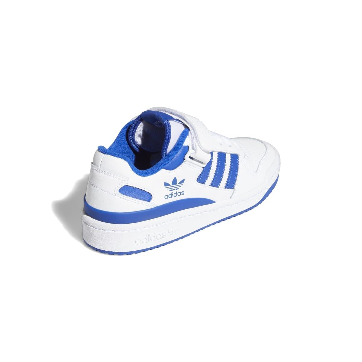 Kids white and blue low-top sneakers, rear view with padded heel and strap
